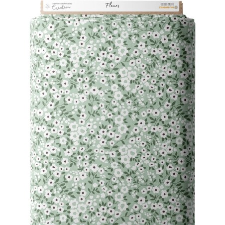 Tissu coton imprimé Fleurs Fond Vert - Certifié Oeko-Tex®