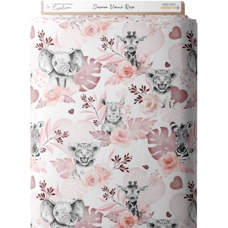 Tissu coton imprimé pour enfants Savane Vieux Rose- Certifié Oeko-Tex®