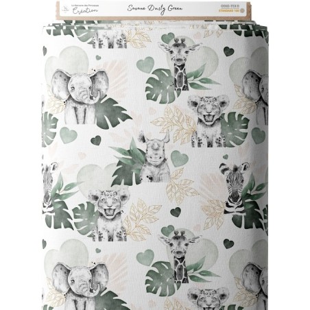 Tissu coton imprimé pour enfants Savane Dusty Green- Certifié Oeko-Tex®