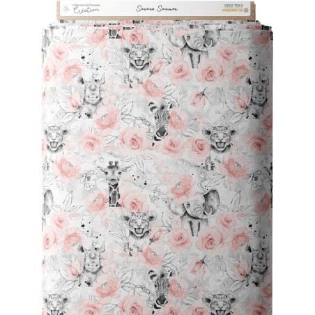 Tissu coton imprimé pour enfants Savane Rose Saumon et nuances de gris- Certifié Oeko-Tex®