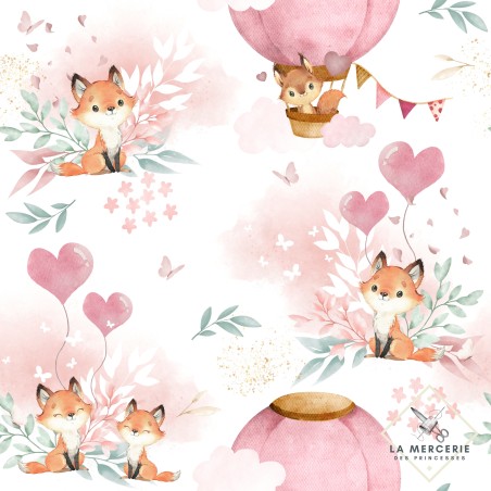 Tissu coton imprimé pour enfants Lovely Fox Rose- Certifié Oeko-Tex®