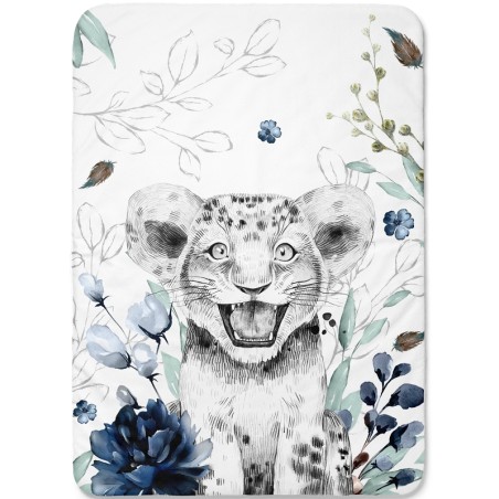 Panneau en tissu coton Lion Savane Bleu et Vert - Certifié Oeko-Tex®