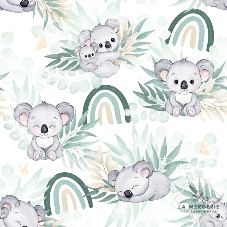 Tissu coton imprimé pour enfants Koala vert d'eau  - Certifié Oeko-Tex®