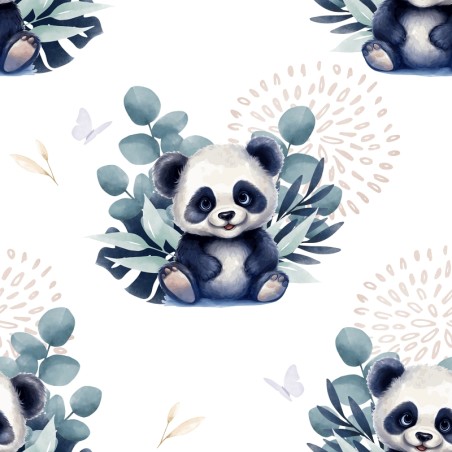 Tissu coton imprimé pour enfants Panda Joyeux Eucalyptus - Certifié Oeko-Tex®