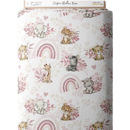 Tissu coton imprimé pour enfants Safari Babies Rose- Certifié Oeko-Tex®