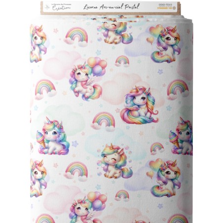 Tissu coton imprimé pour enfants Licorne Arc-en-ciel Pastel- Certifié Oeko-Tex®