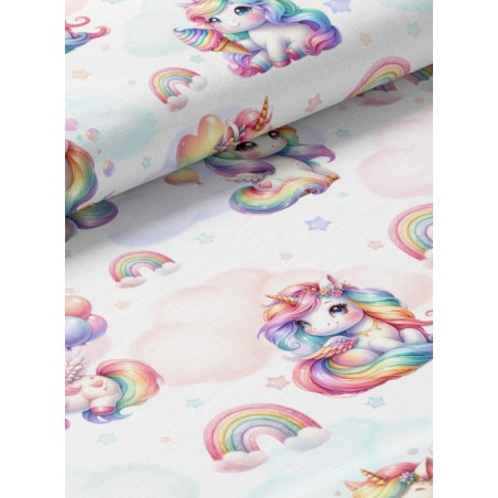 Tissu coton imprimé pour enfants Licorne Arc-en-ciel Pastel- Certifié Oeko-Tex®