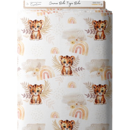 Tissu coton imprimé pour enfants Savane Bébé Tigre Boho - Certifié Oeko-Tex®