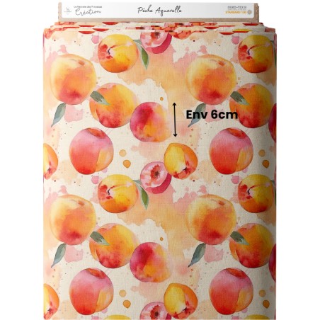 Tissu coton imprimé fruit Pêche Aquarelle- Certifié Oeko-Tex®