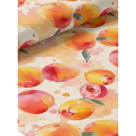 Tissu coton imprimé fruit Pêche Aquarelle- Certifié Oeko-Tex®