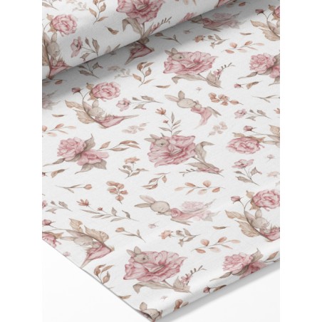 Tissu coton imprimé pour enfants Lapins & Fleurs Rose - Certifié Oeko-Tex®