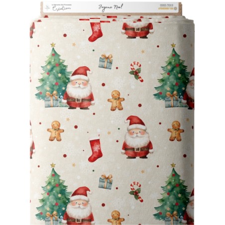 Tissu coton imprimé Joyeux Noël Beige- Certifié Oeko-Tex®