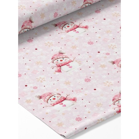 Tissu coton imprimé Bonhomme de Neige rose- Certifié Oeko-Tex®