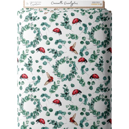 En stock Tissu coton imprimé pour enfants Coccinelle Eucalyptus- Certifié Oeko-Tex®