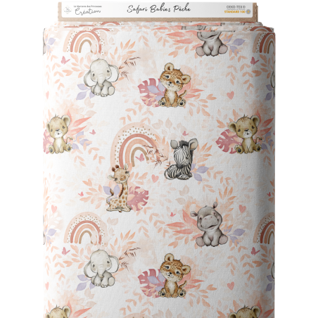 En stock Tissu coton imprimé pour enfants Safari Babies Peche- Certifié Oeko-Tex®