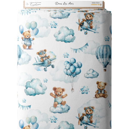 En stock Tissu coton imprimé pour enfants Ourson Dans Les Airs- Certifié Oeko-Tex®