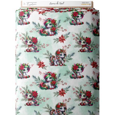 Tissu coton imprimé Licorne de Noël- Certifié Oeko-Tex®