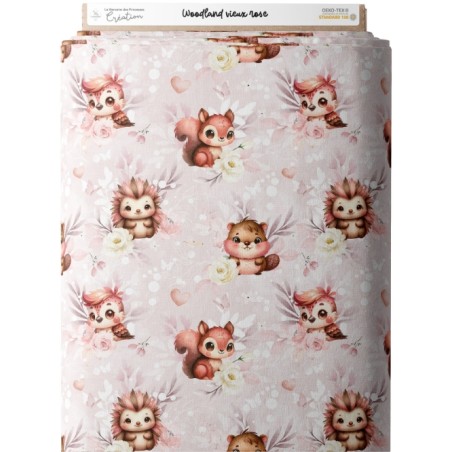 Tissu coton imprimé pour enfants Woodland Vieux Rose - Certifié Oeko-Tex®