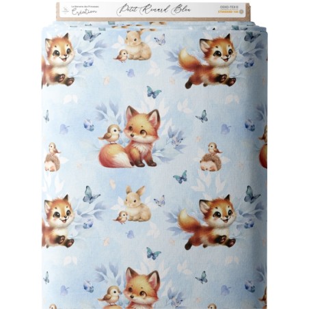 Tissu coton imprimé pour enfants Petit Renard Bleu- Certifié Oeko-Tex®