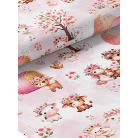 Tissu coton imprimé pour enfants Animaux de la ferme fleuri - Certifié Oeko-Tex®