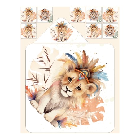 Panneau tissu pour cape de bain et lingettes motif "Lion Boho" - Coton OEKO-TEX®