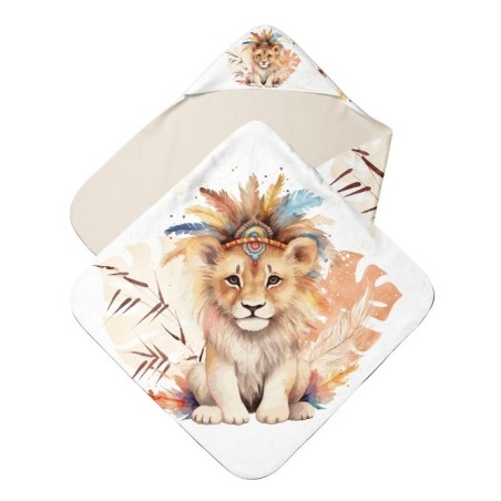 Panneau tissu pour cape de bain et lingettes motif "Lion Boho" - Coton OEKO-TEX®