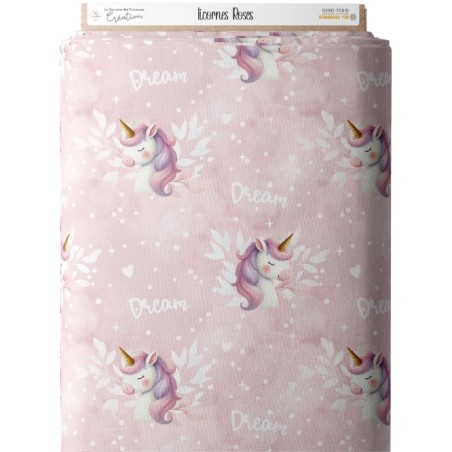 Tissu coton imprimé pour enfants Licorne Rose- Certifié Oeko-Tex®