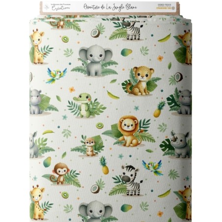 Tissu coton imprimé pour enfants Aventure de la Jungle Blanc- Certifié Oeko-Tex®