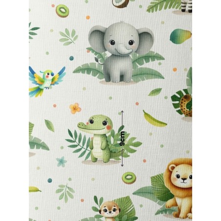 Tissu coton imprimé pour enfants Aventure de la Jungle Blanc- Certifié Oeko-Tex®