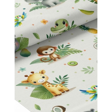 Tissu coton imprimé pour enfants Aventure de la Jungle Blanc- Certifié Oeko-Tex®