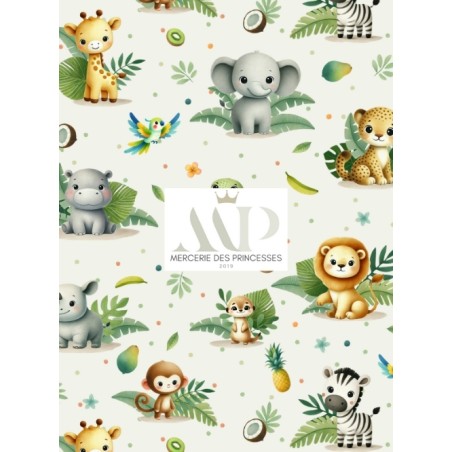 Tissu coton imprimé pour enfants Aventure de la Jungle Blanc- Certifié Oeko-Tex®