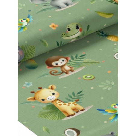 Tissu coton imprimé pour enfants Aventure de la Jungle Vert- Certifié Oeko-Tex®