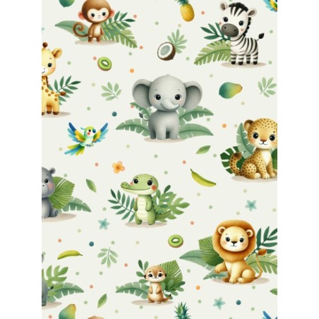 Tissu coton imprimé pour enfants Aventure de la Jungle Blanc- Certifié Oeko-Tex®