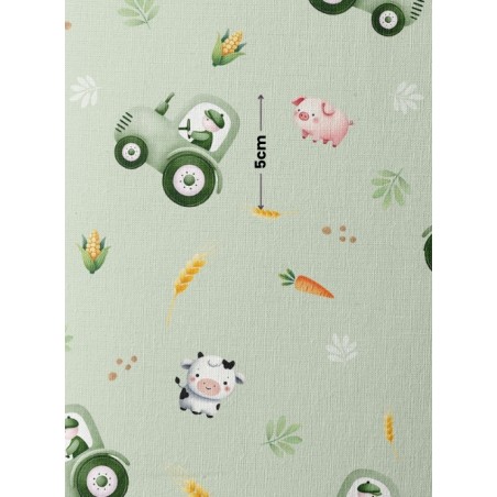 Tissu coton imprimé pour enfants Tracteurs dans les champ Verts  - Certifié Oeko-Tex®