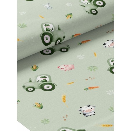 Tissu coton imprimé pour enfants Tracteurs dans les champ Verts  - Certifié Oeko-Tex®