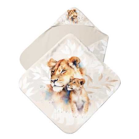 Panneau tissu pour cape de bain et lingettes motif "Lionceau et lionne" - Coton OEKO-TEX®